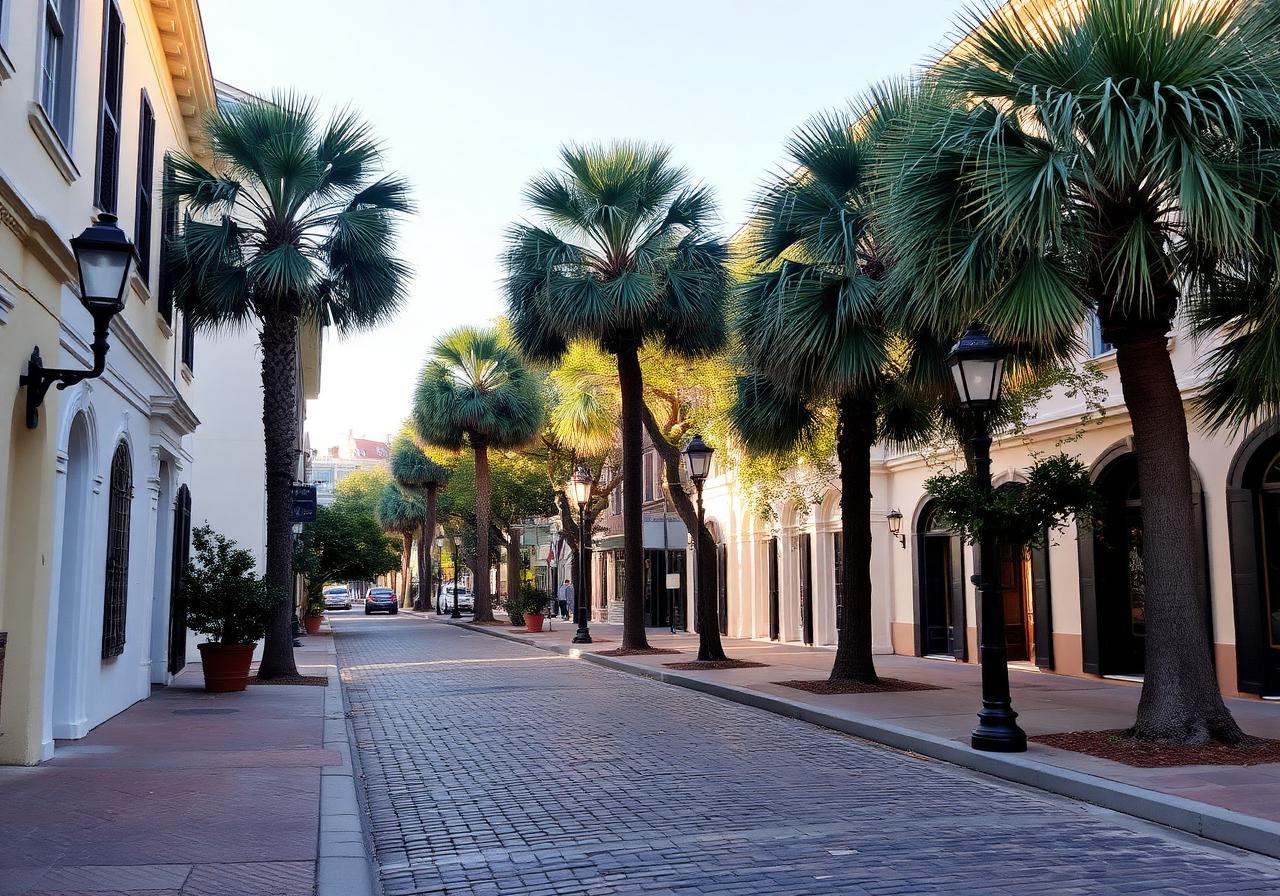 Charleston historic cobblestone street with palmettos
