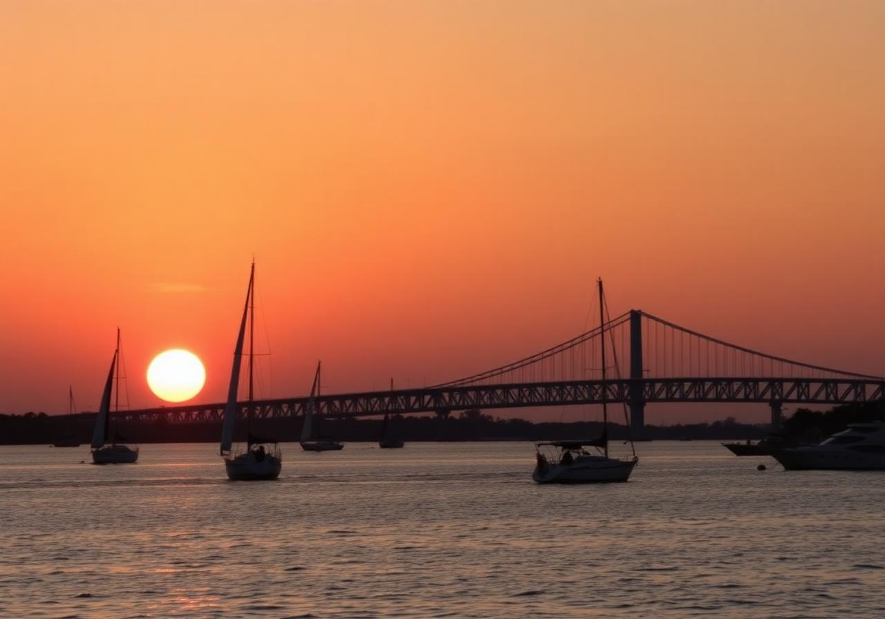 Charleston harbor at sunset with the Ravenel Bridge in the distance